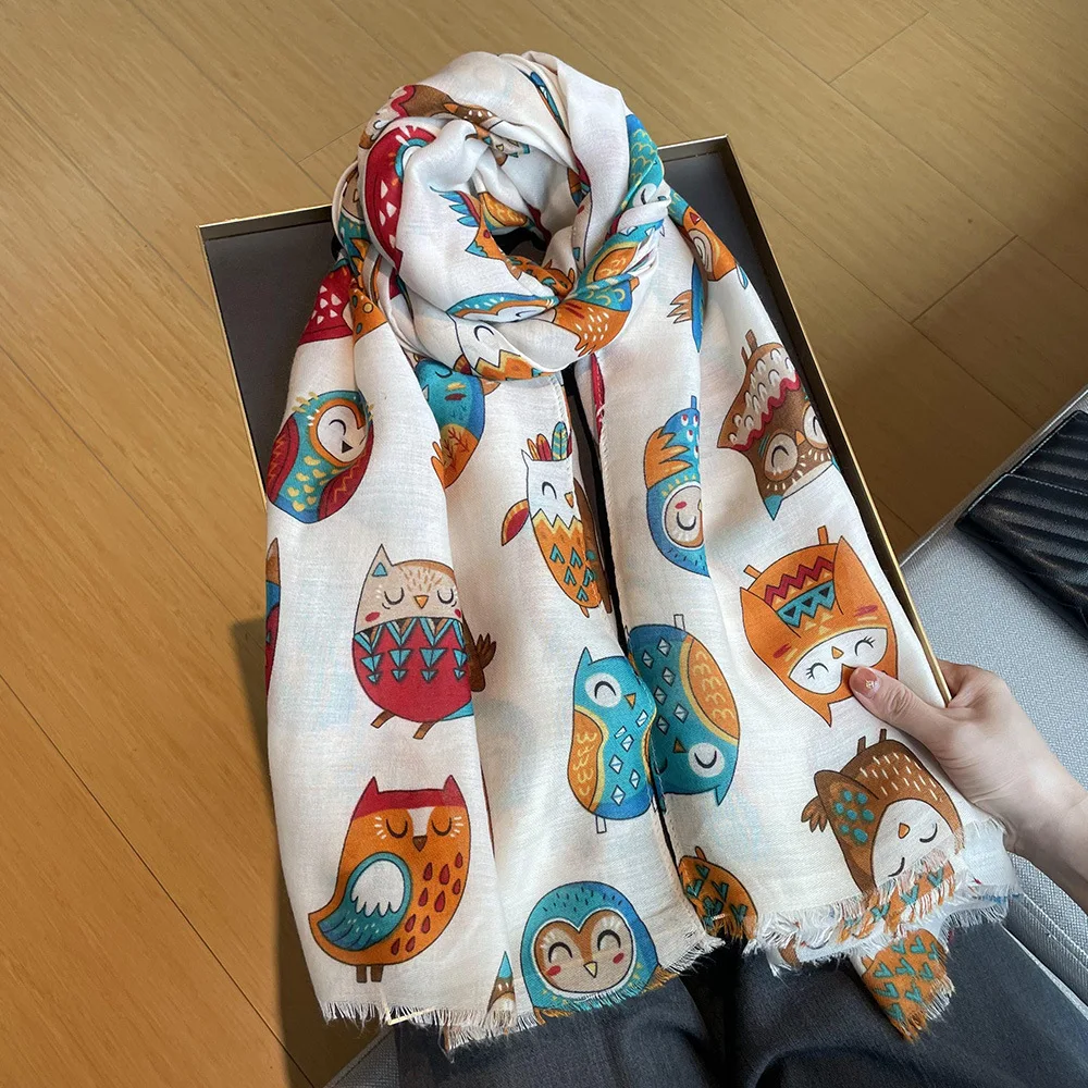 2023 Autumn Lovely Animal Owl Pattern Viscose Shawl Lady High Quality Soft Wrap Pashmina Stole Bufandas Muslim Hijab 180*90Cm