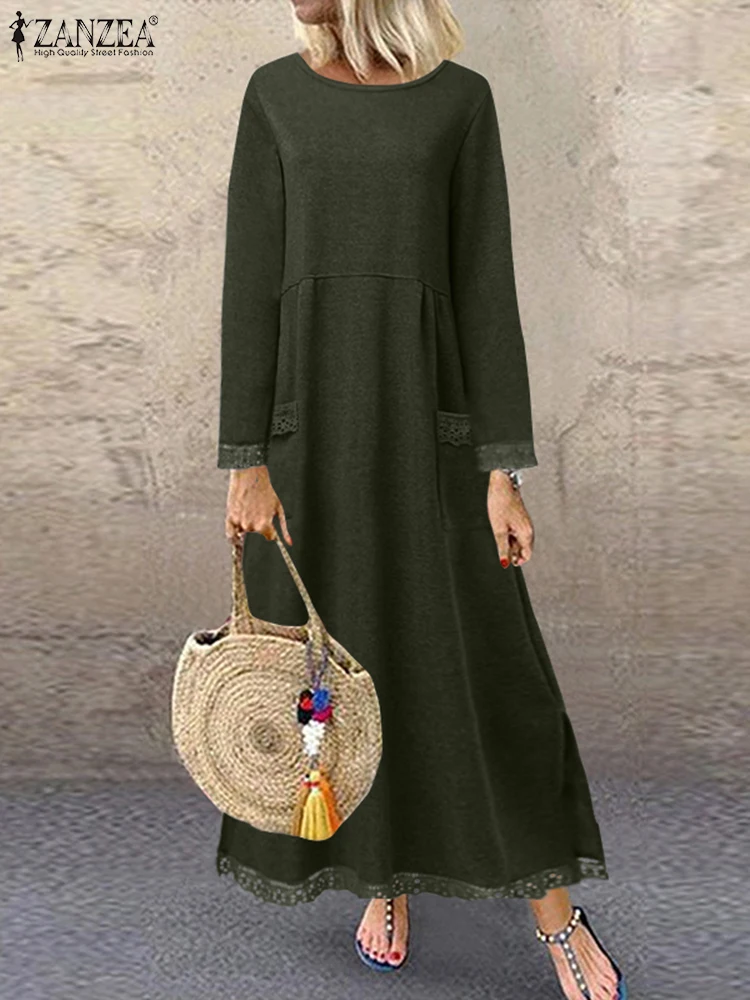 2025 ZANZEA femmes automne à manches longues chaud polaire Robe d'été hiver sweat Robe col rond dentelle Patchwork Maxi robes Robe Femme