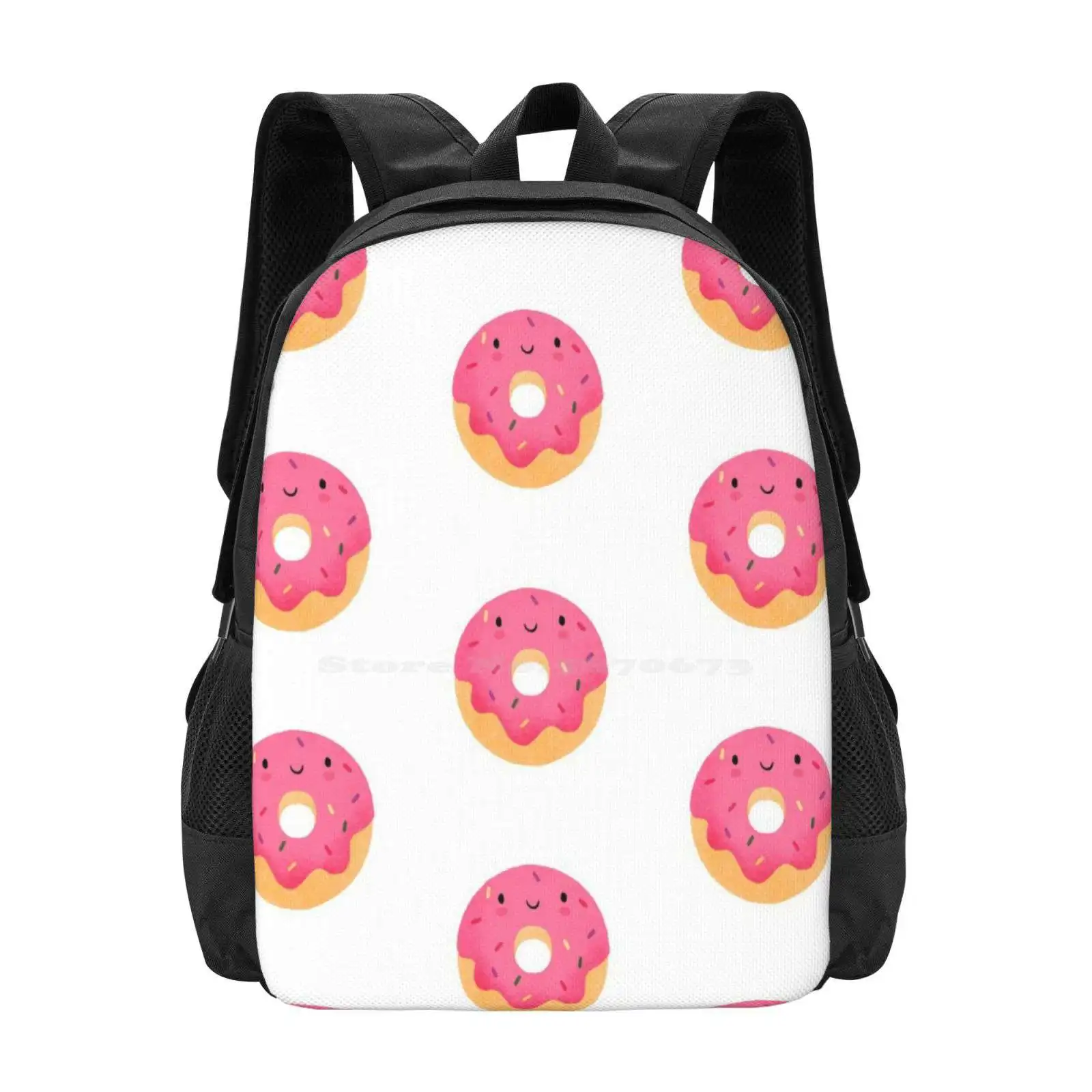 Happy Donut Backpacks For School Teenagers Girls Travel Bags Donuts Doughnuts Sprinkles Glazed Pink Eat Yummy Nomnom Kawaii