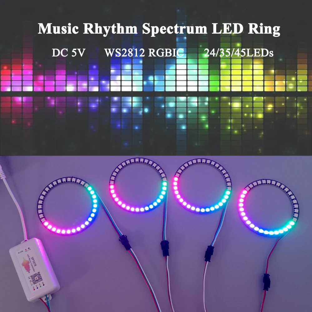 DC5V WS2812B Music Rhythm LED Ring Light Round Module 24/35/45 LEDs Individually Addressable RGB Light with SP107E Controller