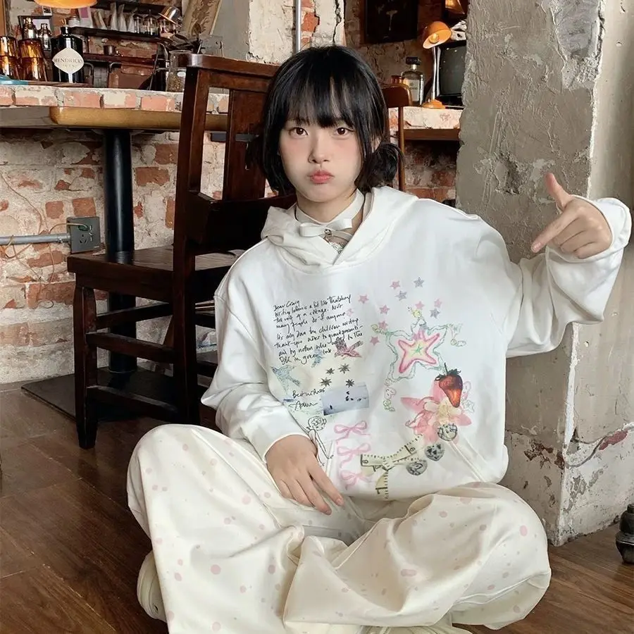 

Onalippa 2022, новая белая толстовка с капюшоном в ленивом стиле, женская осенняя новинка, толстовка с принтом граффити для девочек-эльфа, повседневный свободный топ