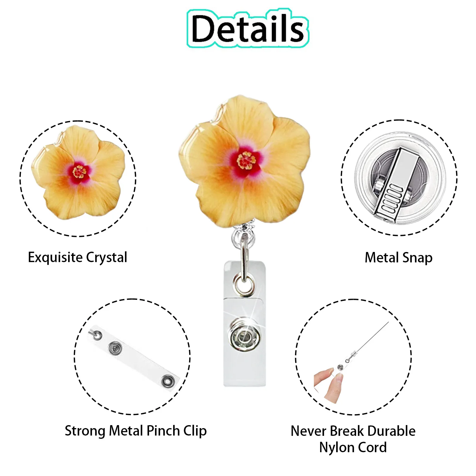 Resin Flower Retractable Metal Wire Keychain Pull Badge Reel Id Lanyard Name Tag Card Badge Easy-To-Pull Buckle Rope Key Ring