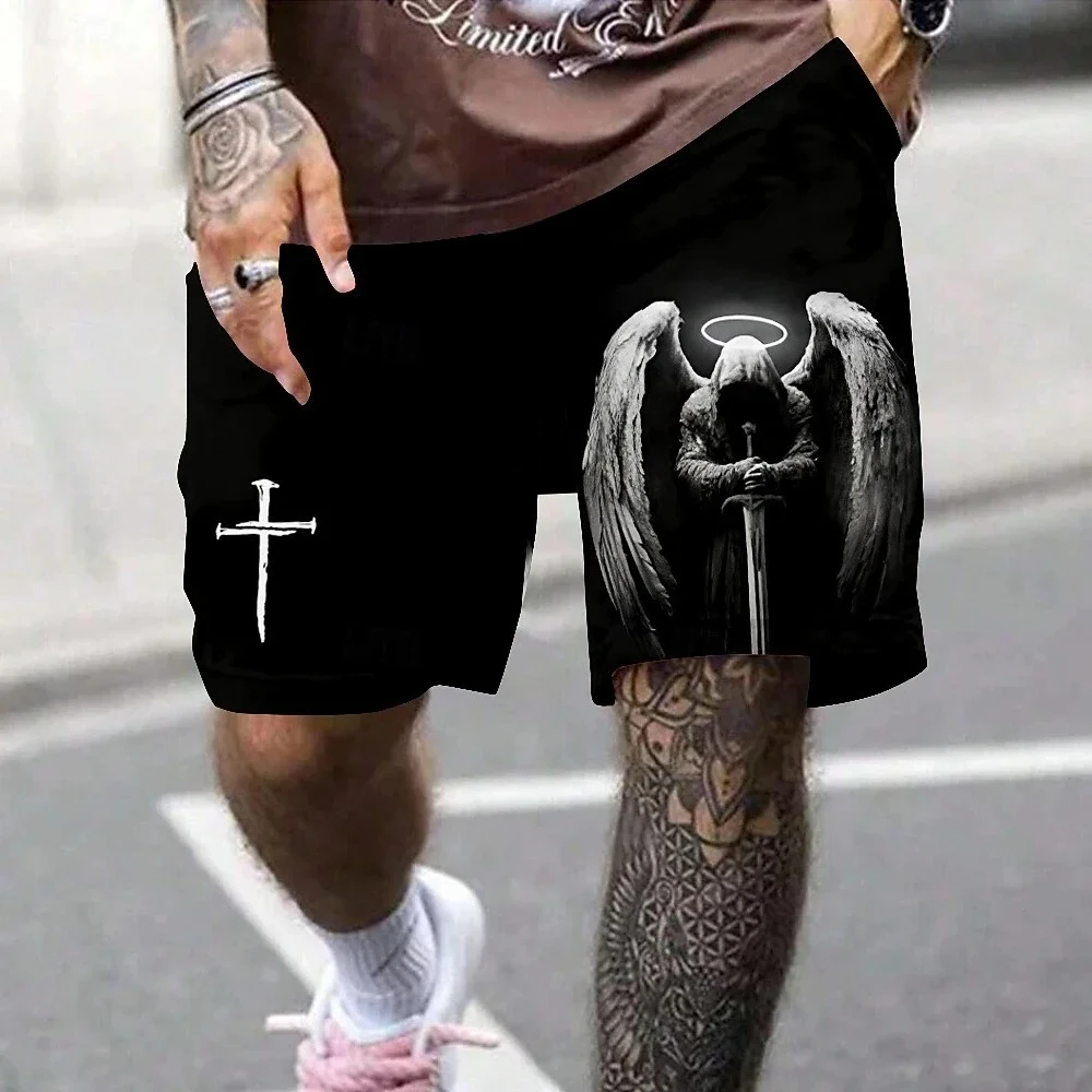 Celana Renang Pria Celana Pendek Pantai Gambar Malaikat Silang 3D Retro Celana Pendek Olahraga Santai Luar Ruangan Cepat Kering Celana Pendek Fashion Pakaian Renang