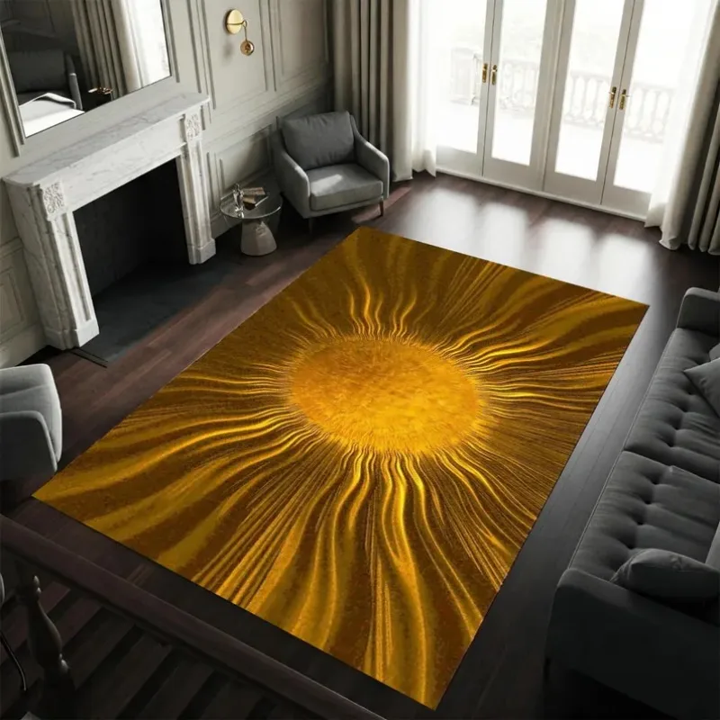 سجادة مركز الطاقة الشمسية، فن الأرضية الديناميكي للأشعة الذهبية، قطعة بيان مذهلة للاستخدام الداخلي الحديث والانتقائي