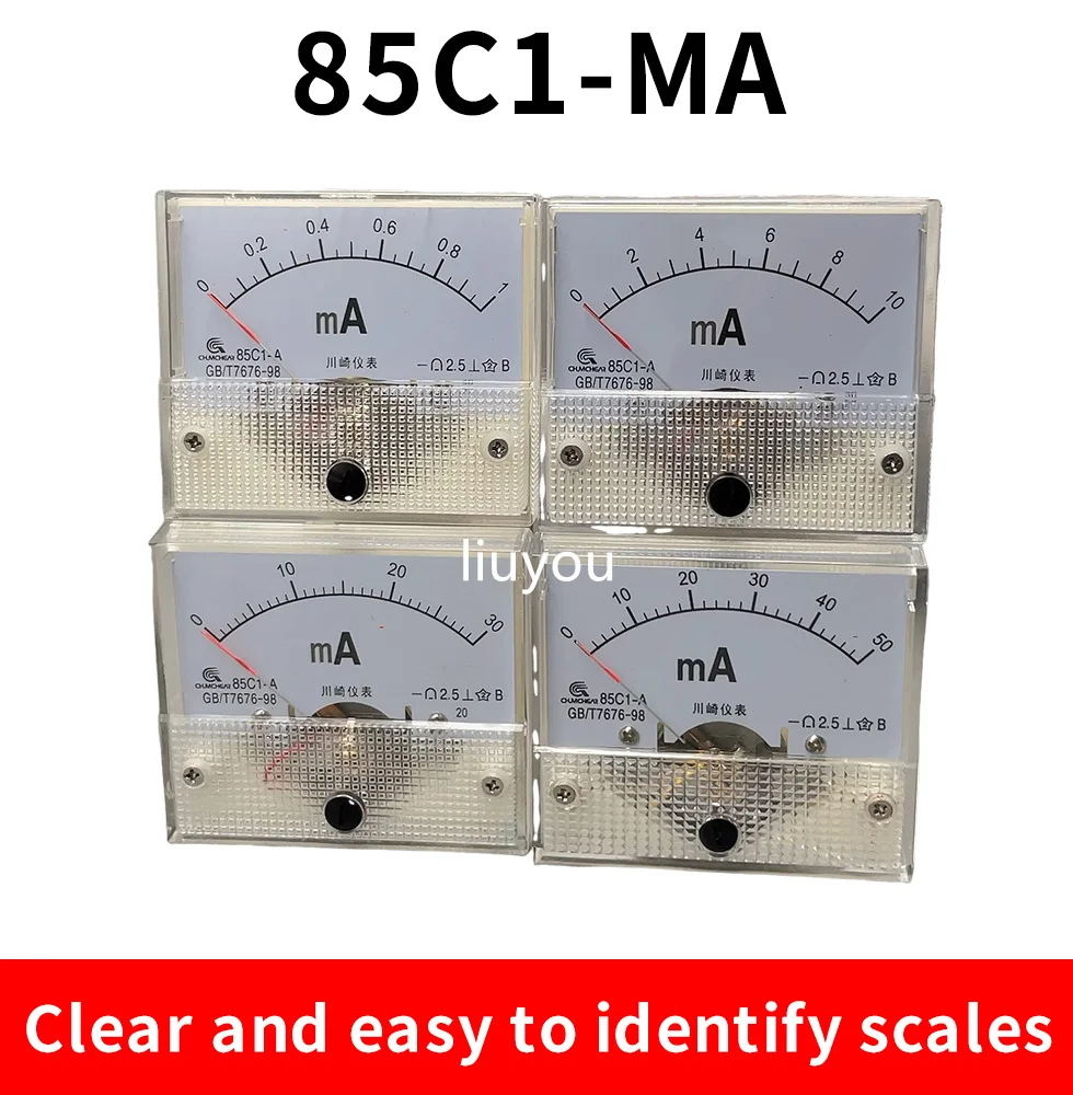 85C1 0-50mA 1mA 20mA 30mA 100mA 200mA 500mA DC Analog Panel Ampere Current Meter Ammeter Gauge 85C1 White 0-50mA 64*56mm