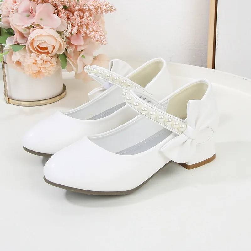 Fashion and Versatile White Bow Spring and Autumn Girls High Heels Princess Children Shoes Kids Pearl Elegant Dance Party Pumps