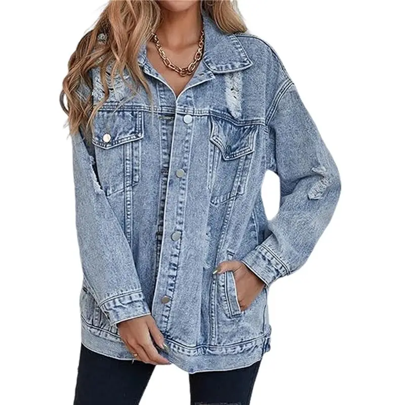 ABJO-Giacca di jeans lunga oversize da donna Cappotto da giubbotto di jeans effetto consumato strappato da fidanzato
