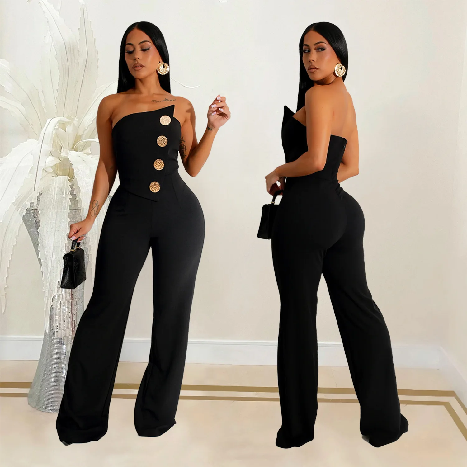 Summer Kaftan Jumpsuit Women's Sleeveless Button-Up Pant Polyester Off Shoulder Swimwear Cover Up Beach Outing 2024 Outfits Set