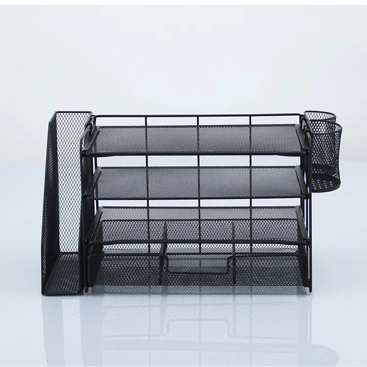 4 Tier Desktop File Organizer Rack with Drawer Metal Office Paper Letter Tray Storage Shelf for A4 Documents Stationery Books