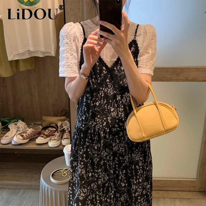 

Summer New White T-shirt Flower Print Slip Dress Set Female Lace Patchwork Casual Fashion Robe Vestido Top Suit Women's Clothing