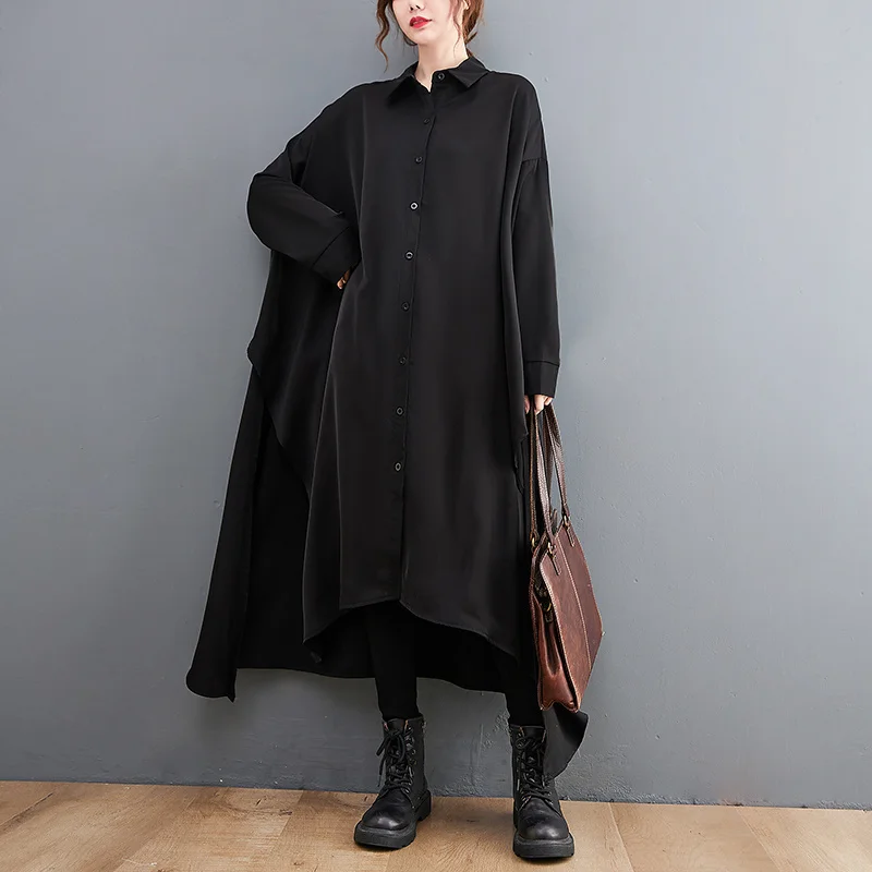 #4099 Black Long Dress Women Polo Neck Casual Shirt Dresses Long Sleeved Loose Asymmetrical Chiffon Dress Split Korean Style