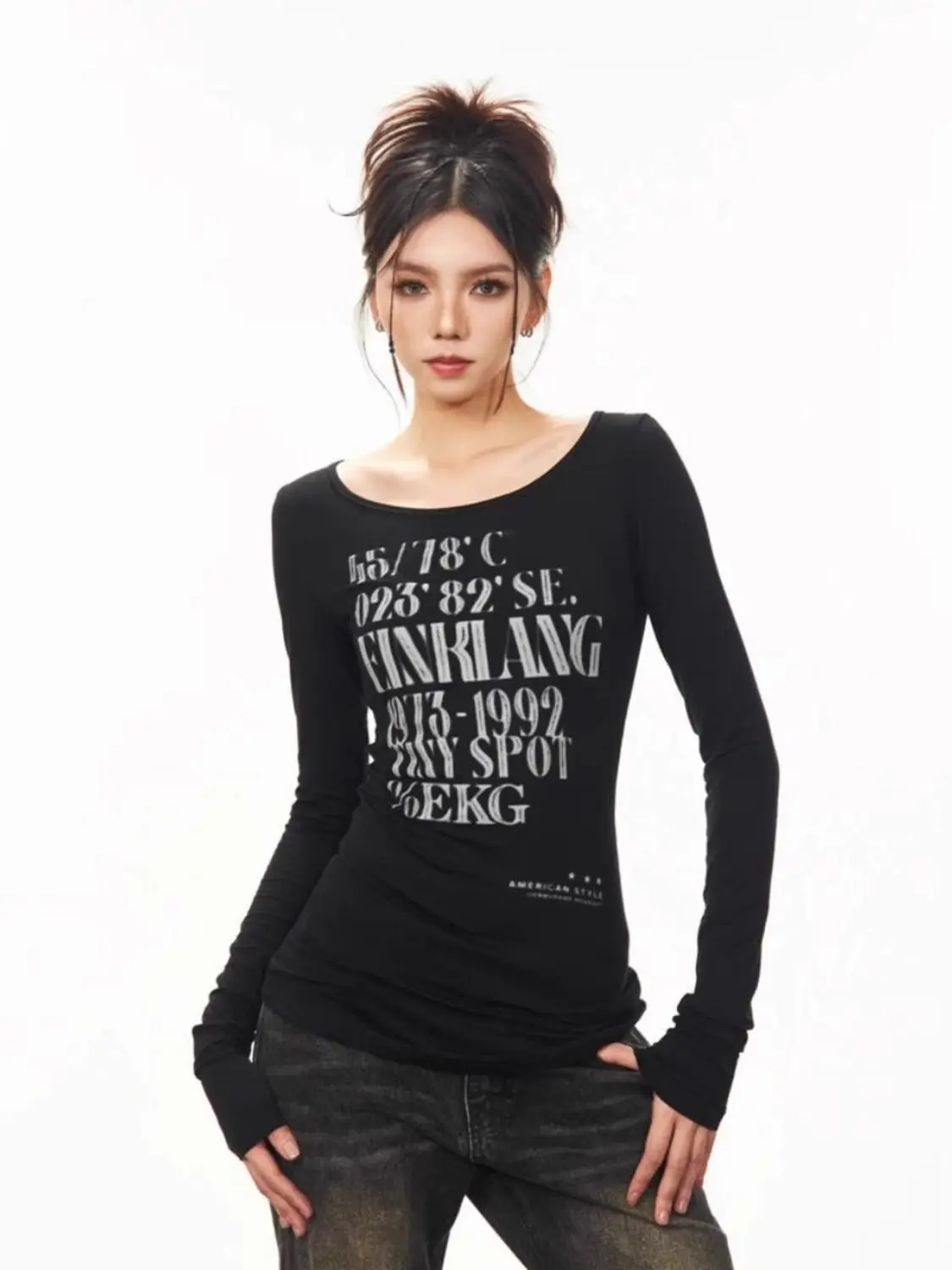 

Women's U-neck Etter Print T-shirt Long Sleeved Thin Shirt Fashion Vintage Summer Young Girl Clothes Skinny Pullover Top
