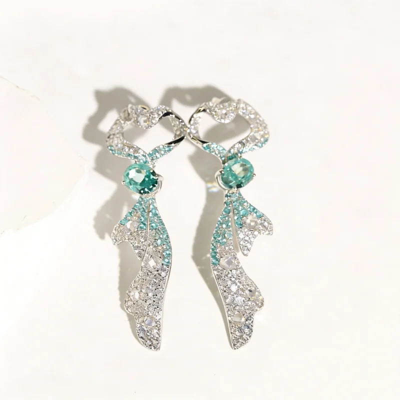 Bellux 925 silver lab grown Paraiba green gradient color ribbon bownot fashion design earrings for women