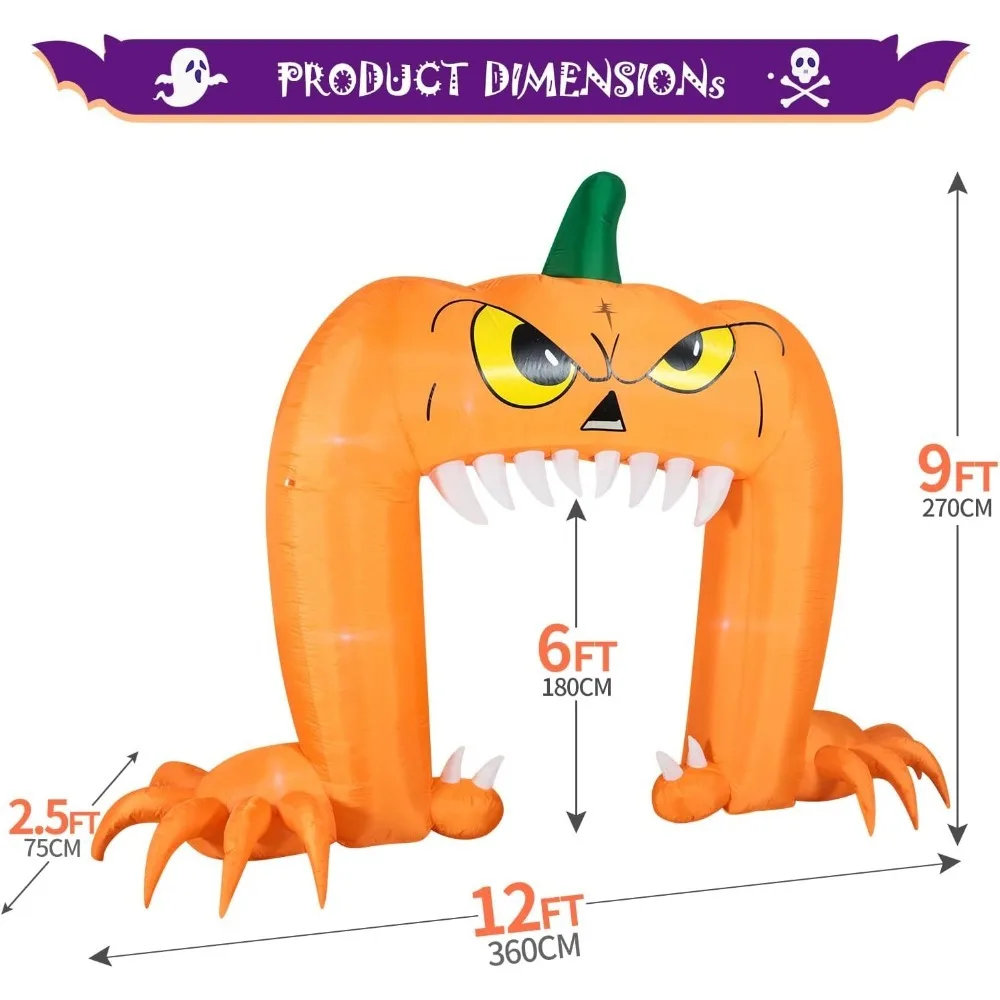 Halloween Inflatable Blow Up Decorations, 12FT Long 9FT Tall Spooky Pumpkin Archway, Built-in LEDs for Holiday Party Décor