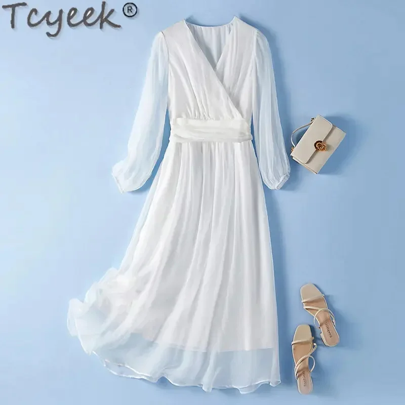 

100% Tcyeek Mulberry Elegant White Korean Style Long Sleeve for Women Real Silk Dresses Vestidos