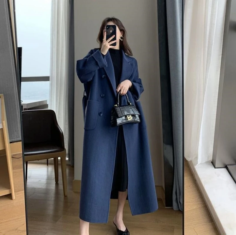 

Winter Trench Coat For Women Elegant Fashion Korean Casual Wool Coat Navy Blue Lace-up Long Jacket Black Woman Coat With Blet