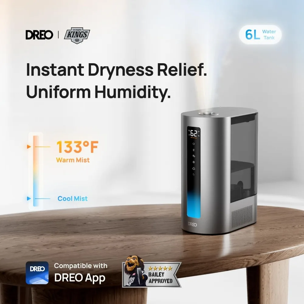 

6L Humidifiers for Bedroom, Smart Warm & Cool Mist for Large Room, 60Hr Quiet Runtime for Baby, Plant, Humidity Sensor