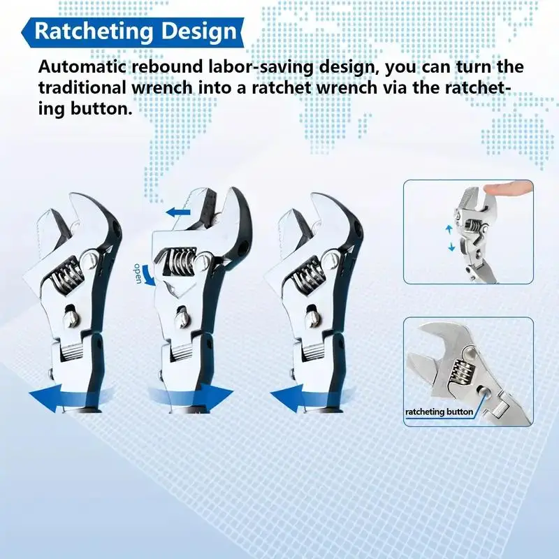 

An adjustable ratchet that folds 180 degrees, adjustable torque wrench with swivel head, 5-in-1, 10-inch to 12-inch