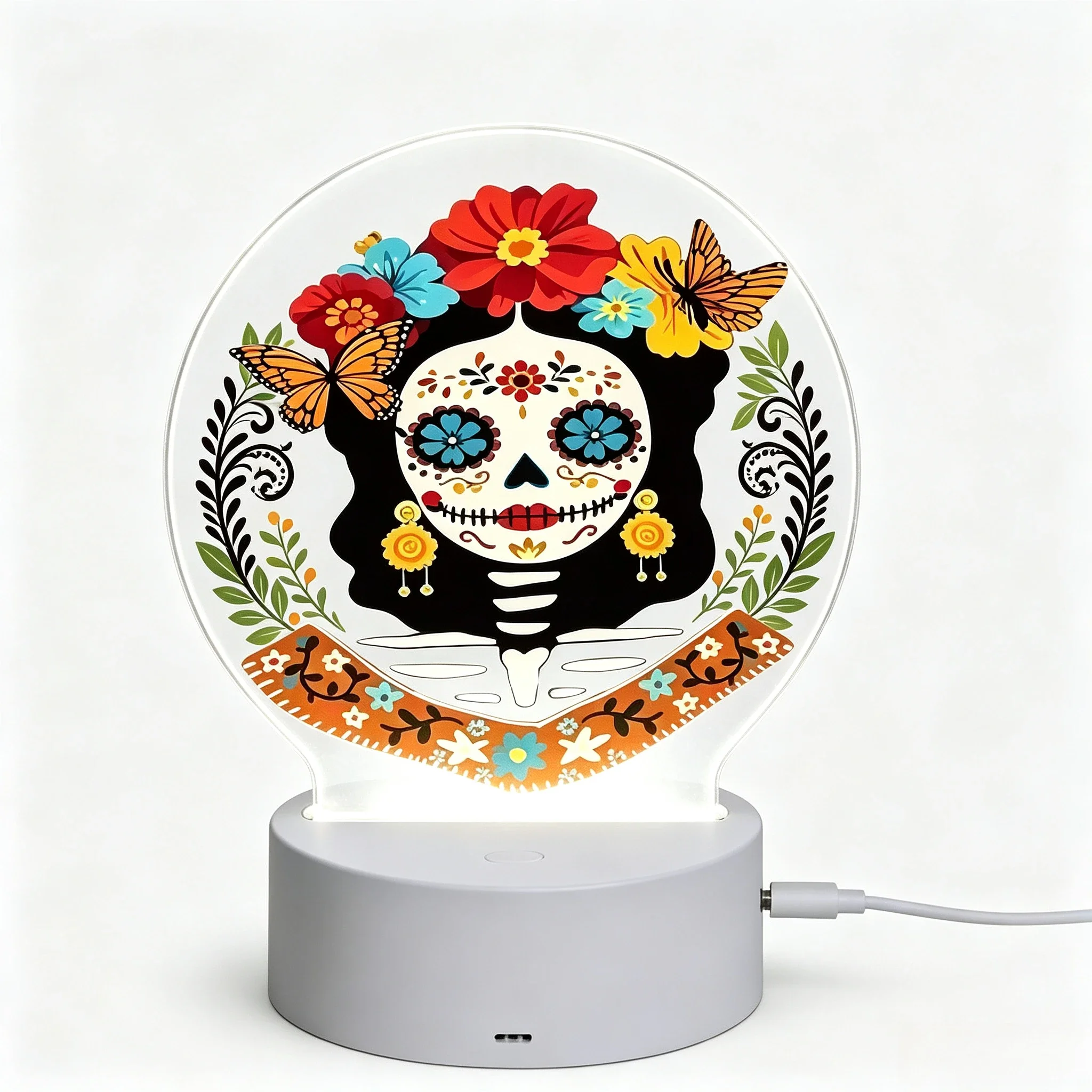 Day Of The Dead Sugar Skull Acrylic Night Light, Floral Butterfly LED Table Lamp,Halloween Cultural Decor Gift