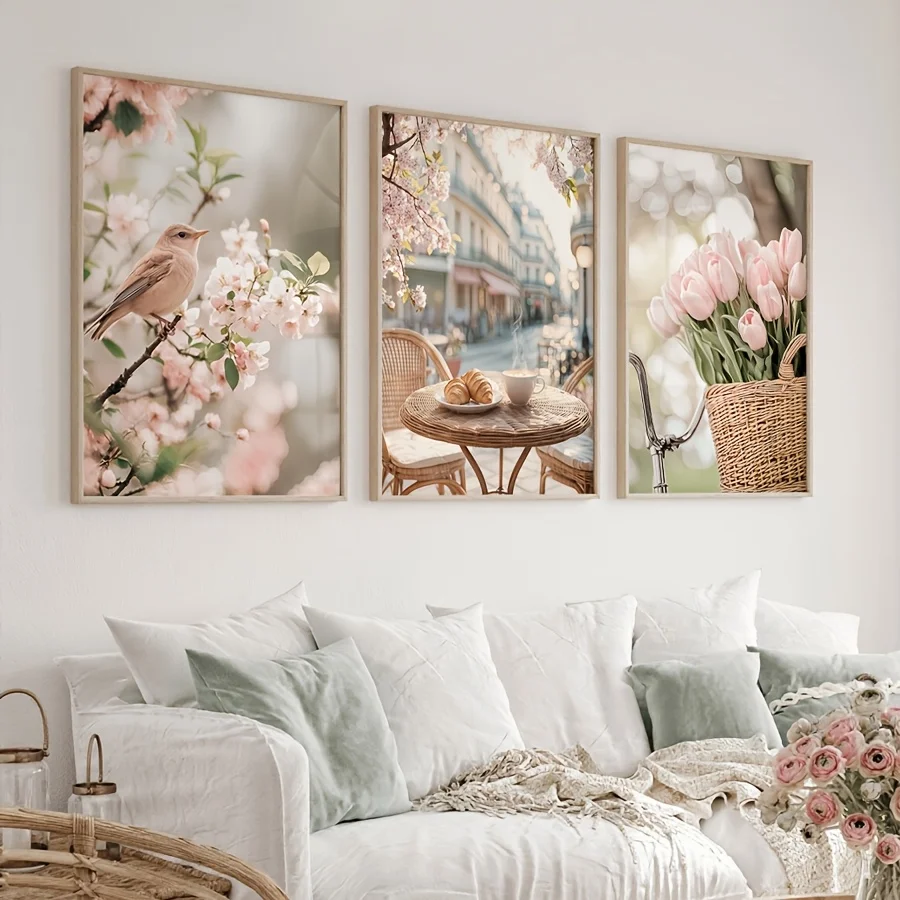 3PCS Frameless,3pcs/set Romantic Paris Street Canvas Print Flowers Birds Tulips Outdoor Cafe Wall Art Posters for Spring Farmhou