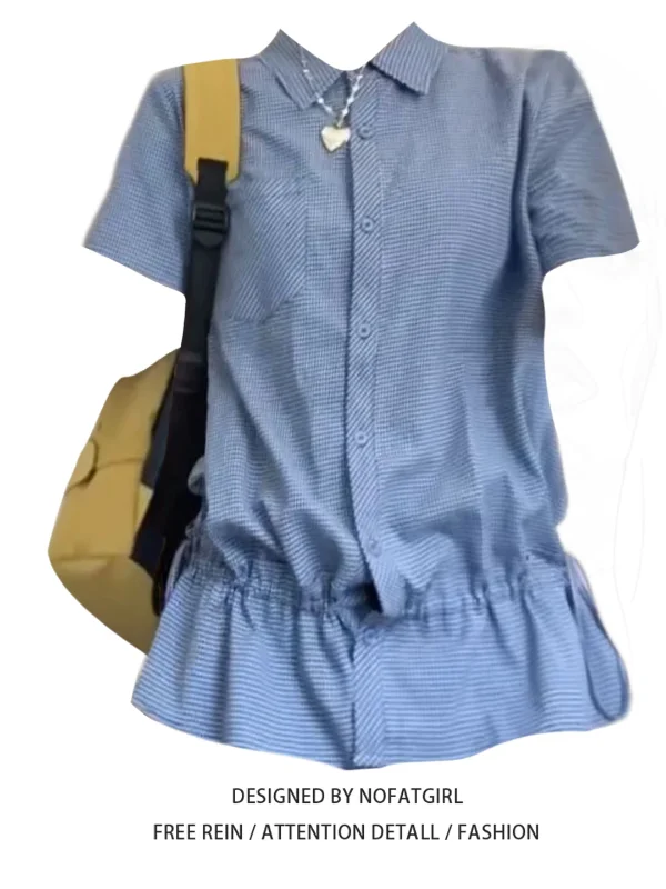 

plus Size Women's irt Korean Sle Plaid Dstring Waist Ruffle Design Summer Top Loose Fit Collar ort Sve