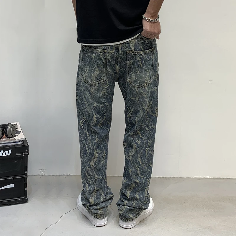 Fashion Jacquard Printed Jeans Men's Street Cool Design Loose Straight Fashion Brand Wide Leg American High Street Hip Hop Pants