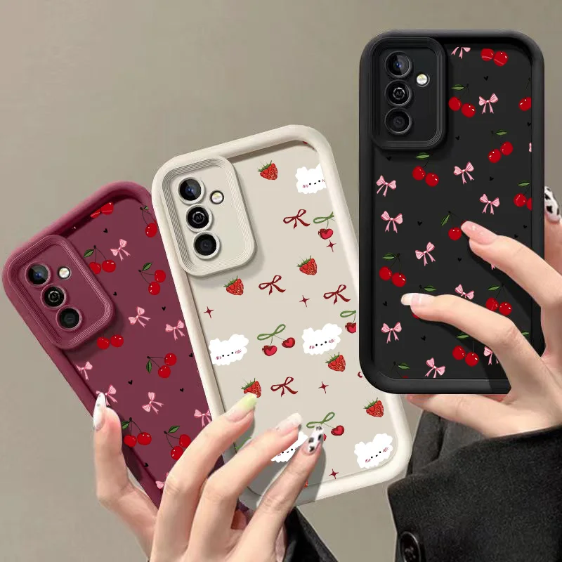 Cute Red Strawberry Cherry Bow Case For Samsung Galaxy S25 FE S26 Ultra S24 S23 S22 S21 S20 Plus Ultra 5G Matte Silicone Cover