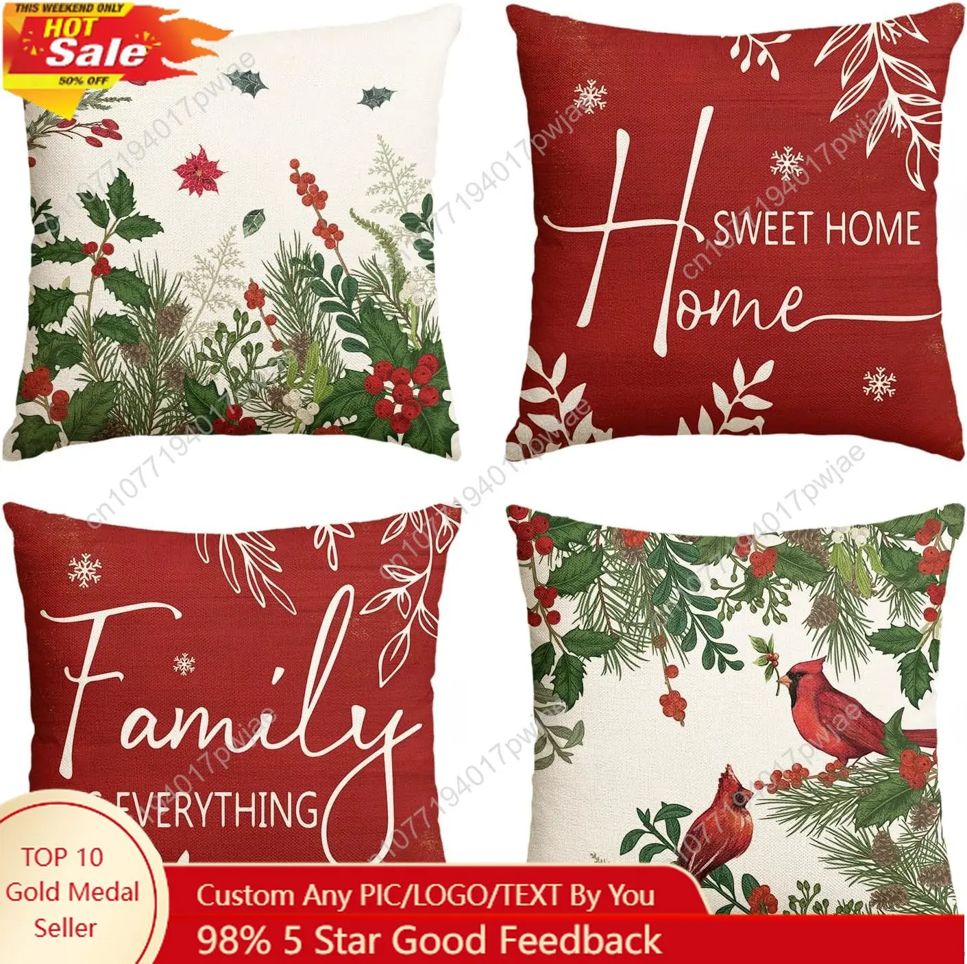 

AVOIN colorlife Christmas Cardinal Home Sweet Home Poinsettia Holly Berries Throw Pillow Covers, 18 x 18 Inch Family is Everythi