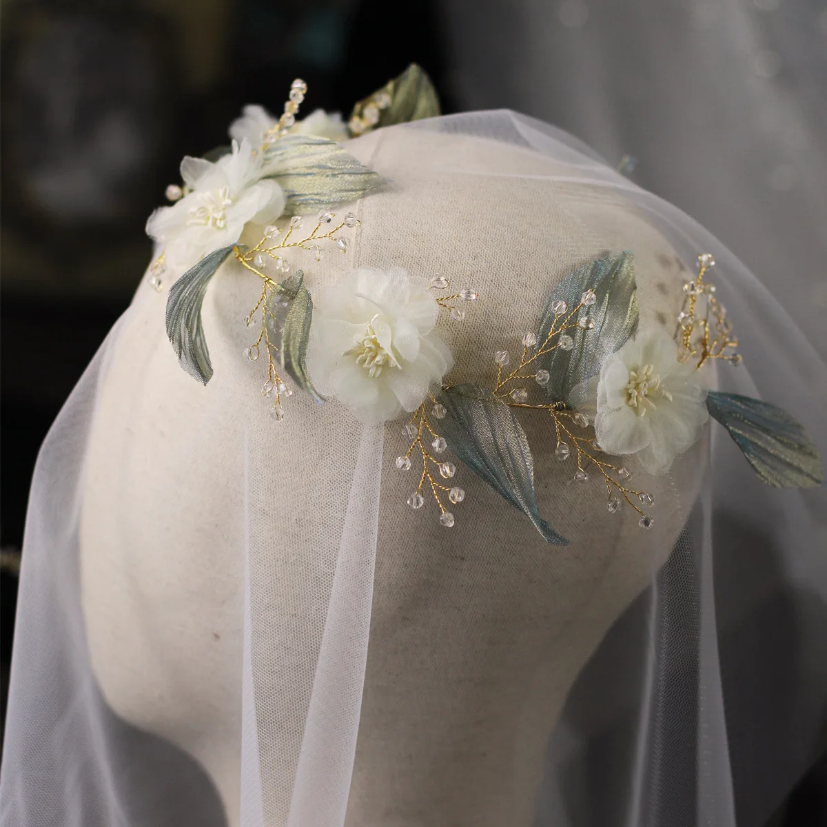 Symphony Green Leaf Bridal Cabelo Acessórios, White Forest Sweet Flower Casamento Headband