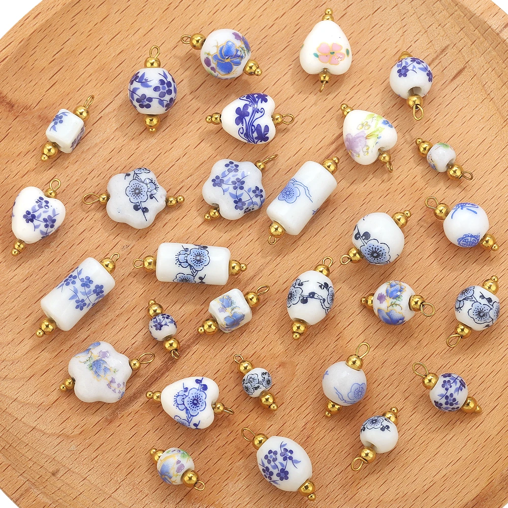 10pcs Blue and White Porcelain Charms For Jewelry Making Ceramics Pendants Jewelry Earrings Necklace Connectors Heart Charm