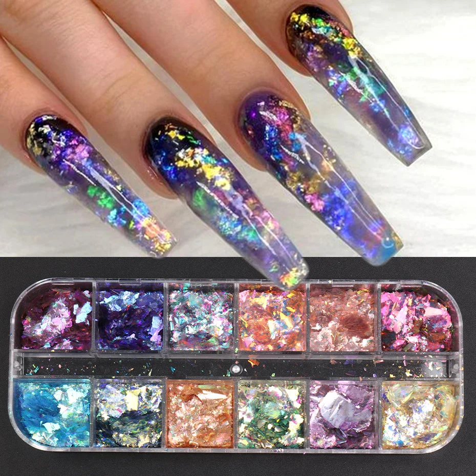 12Grid Aurora Ice Crystal Opal Powder Nail Glitter Iridescent Dust Charm Nail Flakes Slice Sparkly Brocade Sequin Manicure BEYFH