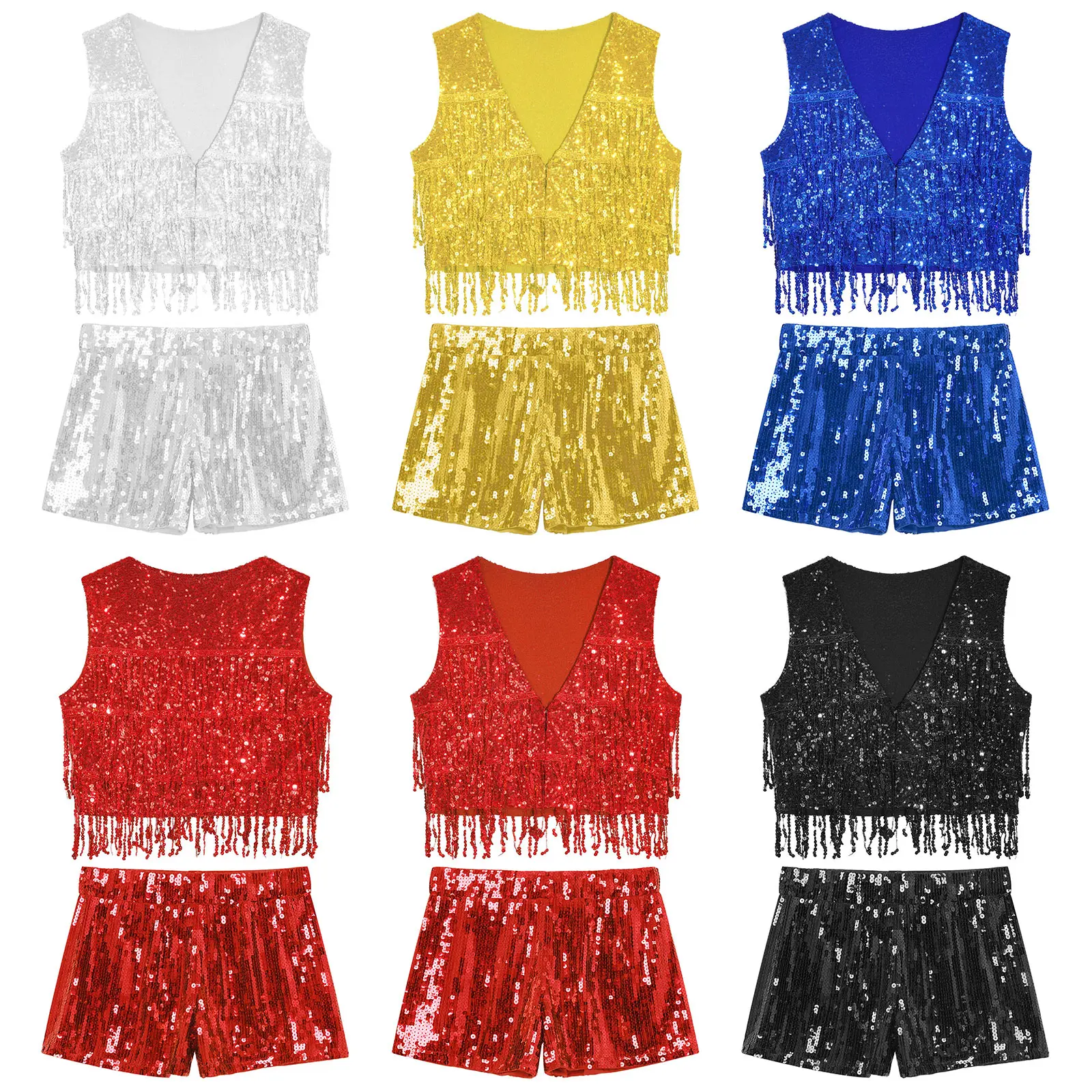 Women Jazz Dancing Set Rave Club Party Concert Music Festival Streed Cheerleading Dancewear Sequined Vest with Shorts Two Piece