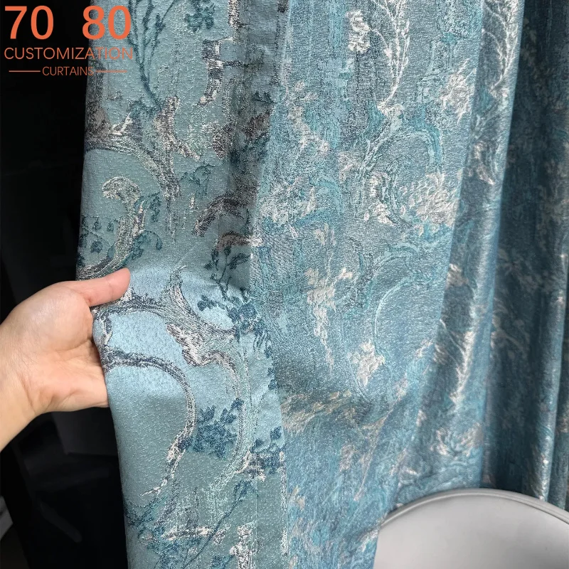 Villa High-end Customized Retro Palace Silver Silk Blue Jacquard Thickened Curtains for Bedroom Living Room French Window