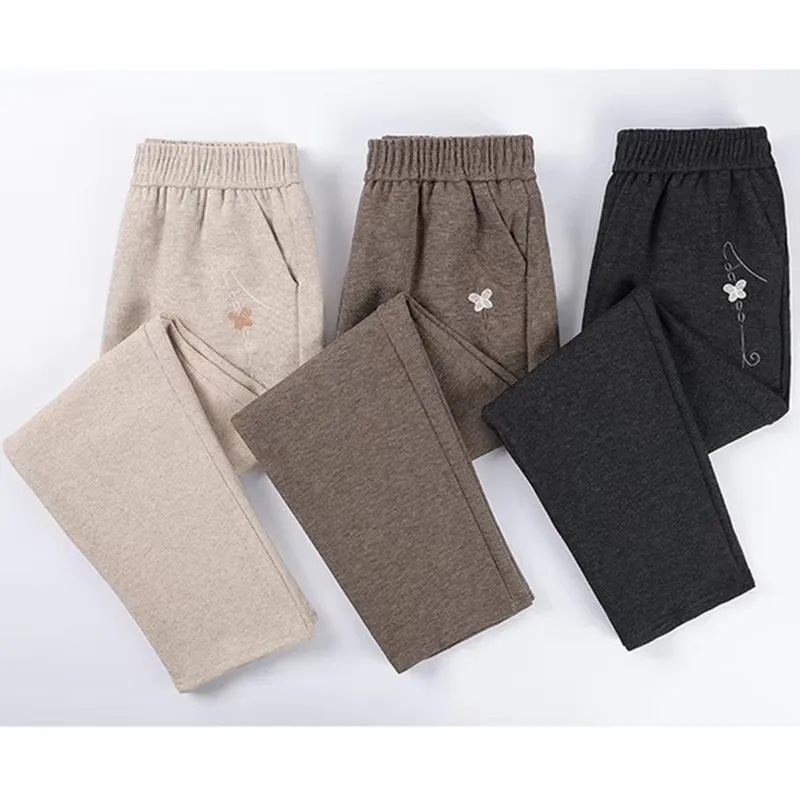 Middle Aged Elderly Women Woolen Pants New Autumn Winter Elastic High Waist Velvet Warm Straight Pants Female Casual Trousers