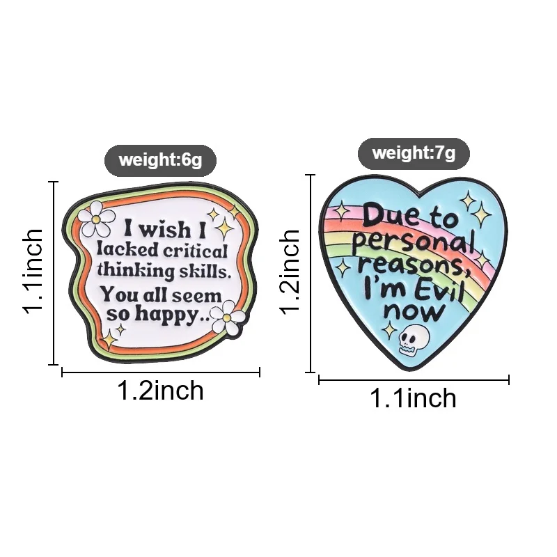 Funny Sarcastic Quote Enamel Pin, Rainbow Heart Skull, Humor Text Badge, Fashion Clothes Backpacks Accessory, Gift for Friends