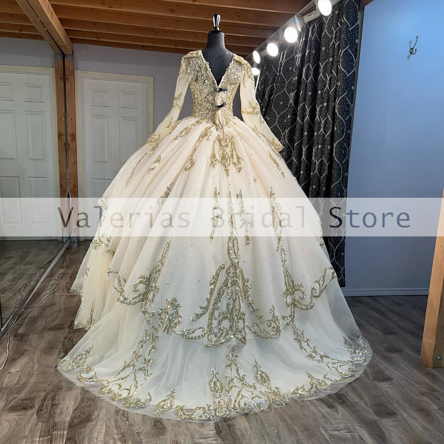 Vestido de quinceañera champán brillante, vestido de baile de tul de manga larga con lentejuelas, dulce 16, Vestidos de fiesta formales, 15 Vestidos