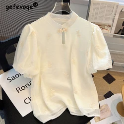 Women Vintage Chinese Style Embroidery Blouse Stand Collar Hollow Sweet Kawaii Chic Shirt Solid Short Sleeve Tops Casual Blusas