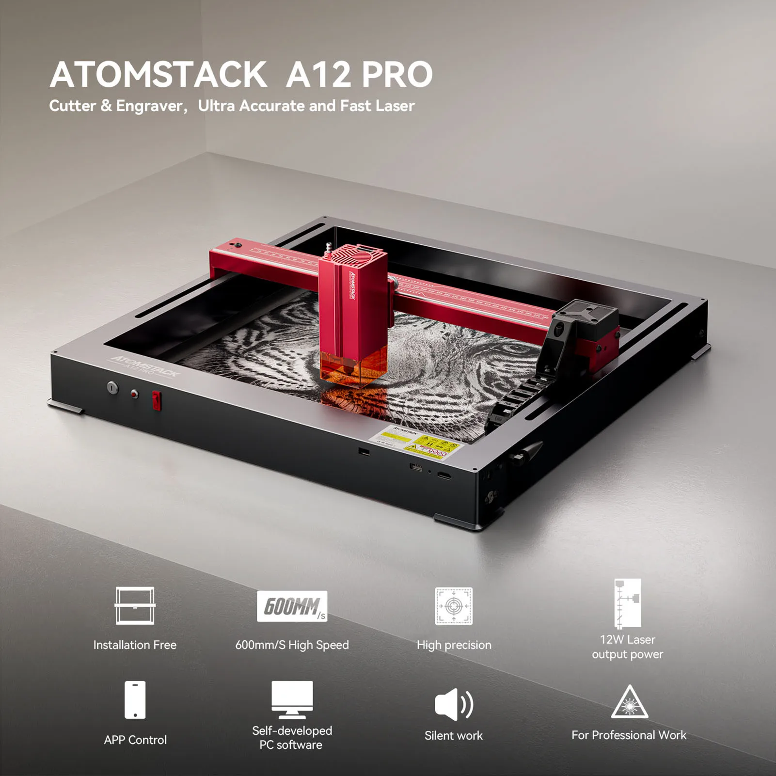 ATOMSTACK A12Pro Laser Engraver 12W Laser Power 370x310mm Engraving Area Expandable Installation Free DIY Engraving Cutting