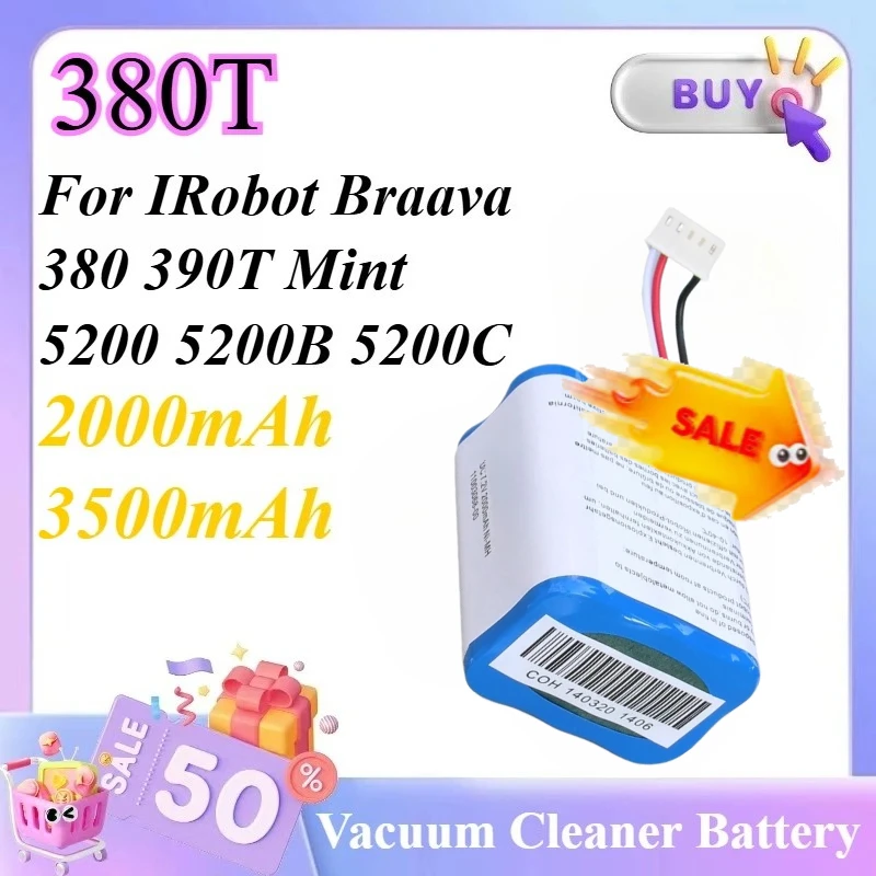 

For IRobot Braava 380 390T Mint 5200 5200B 5200C Upgraded 7.2V 2000mAh 3500mAh 380T NI-MH Vacuum Cleaner Battery