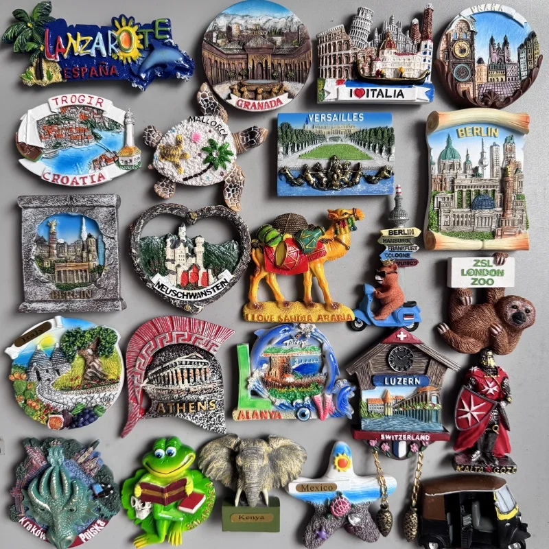 Fridge magnets Bahamas Italy Tallinn Poland Versailles Berlin Luzern Saudi Arabia Athens Praha Granada Malta Alanya India Kenya