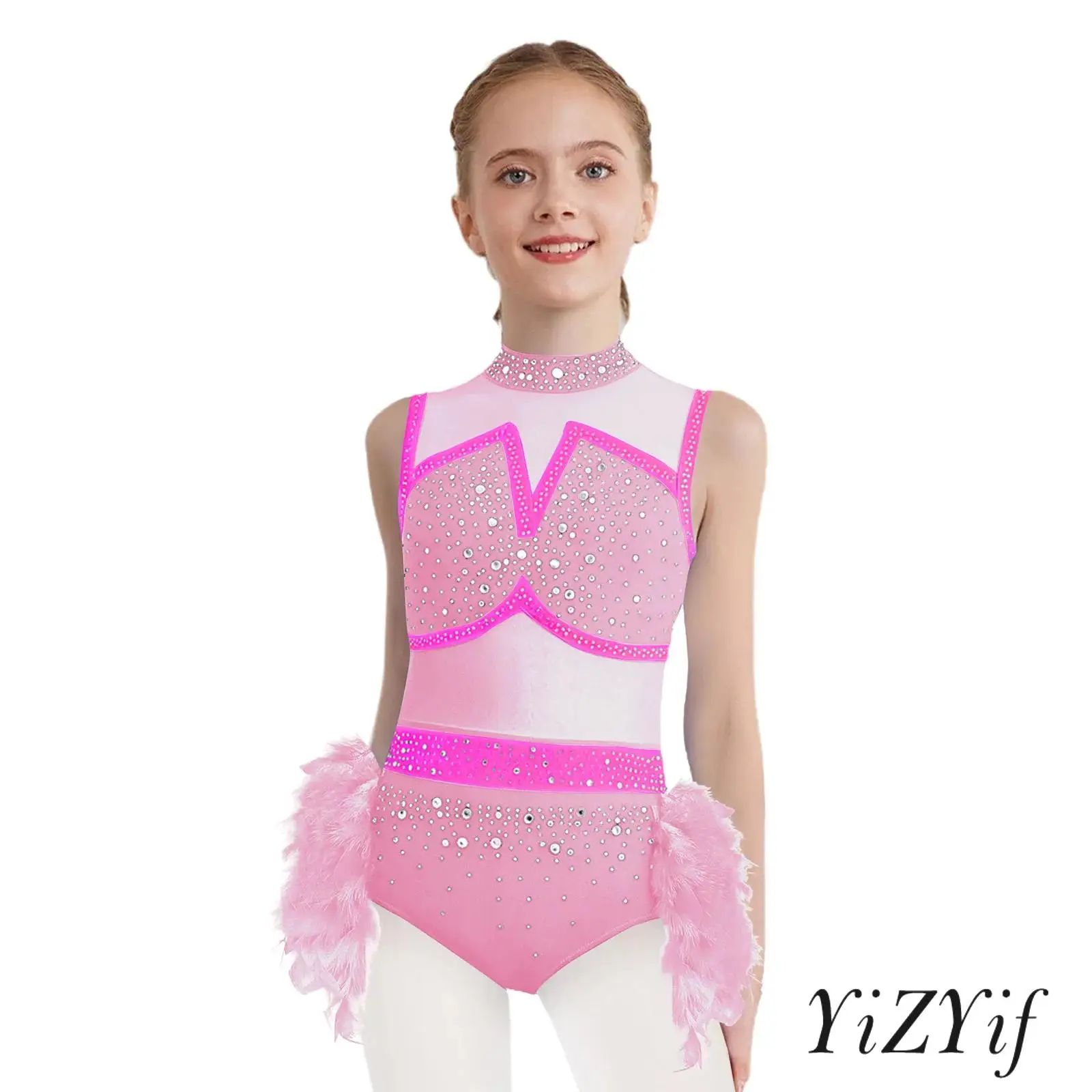 

Kid Girl Jazz Latin Dance Performance Costume Sleeveless Cutout Back Shiny Rhinestones Color Block Leotard with Feather Skirt