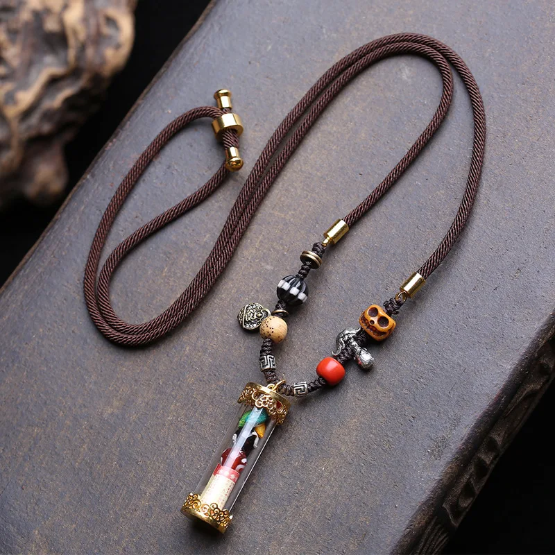 Tibetan-Style Amulet Tube With Of God Of Wealth, Agate, And Barley Prayer Beads Pendant, Clavicle Chain, Copper Be