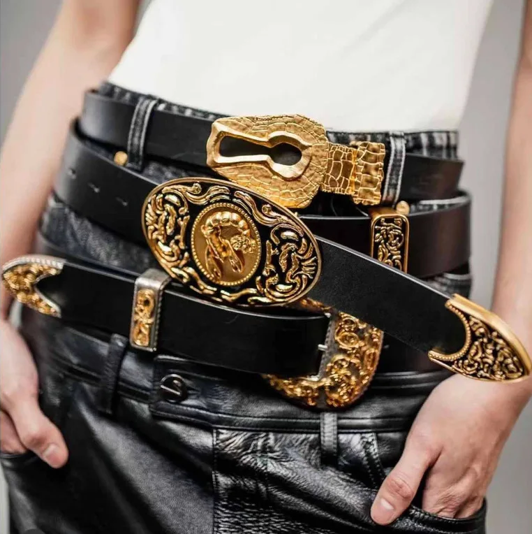 Vintage Western Cowboy Leather Belt Men Retro Ornate Gold Engraved Big Buckle Waist Strap For Jeans Punk Hip Hop Fashion Accesso