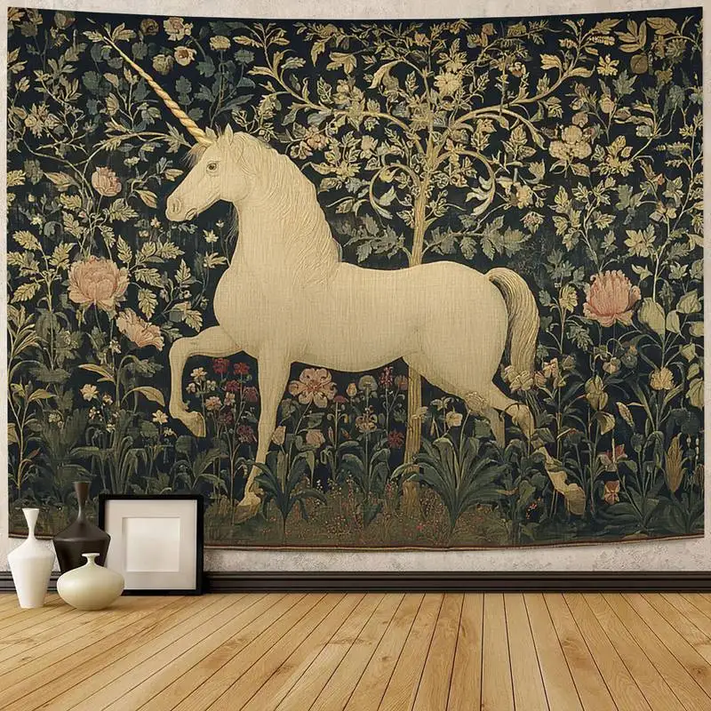 Wild Horses Running Tapestry- Mountain Waterfall Nature Pattern Wall Hanging for Rustic Home