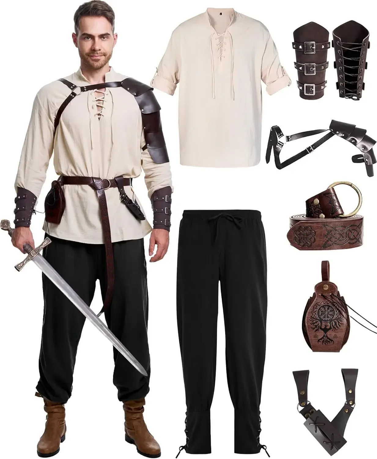 

Fashion8 Pcs Men's Renaissance Costume Halloween Medieval Pirate Shirt Pant Viking Costume Accessories Set