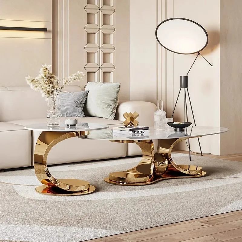 Nordic Italian Coffee Table Luxury Golden Stainless Steel Leg Modern Living Room Oval White Sintered Stone Coffee Table
