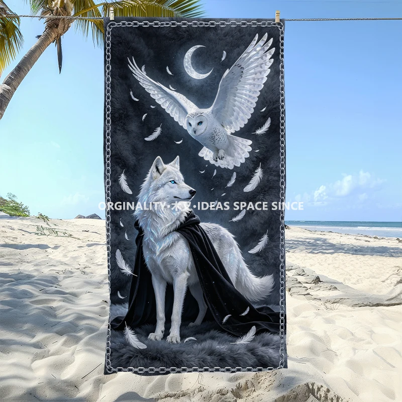Mystic Wolf Owl Night Beach Towel Patterned Sunscreen And Windproof Suitable For Swimming Pool Camping Travel
