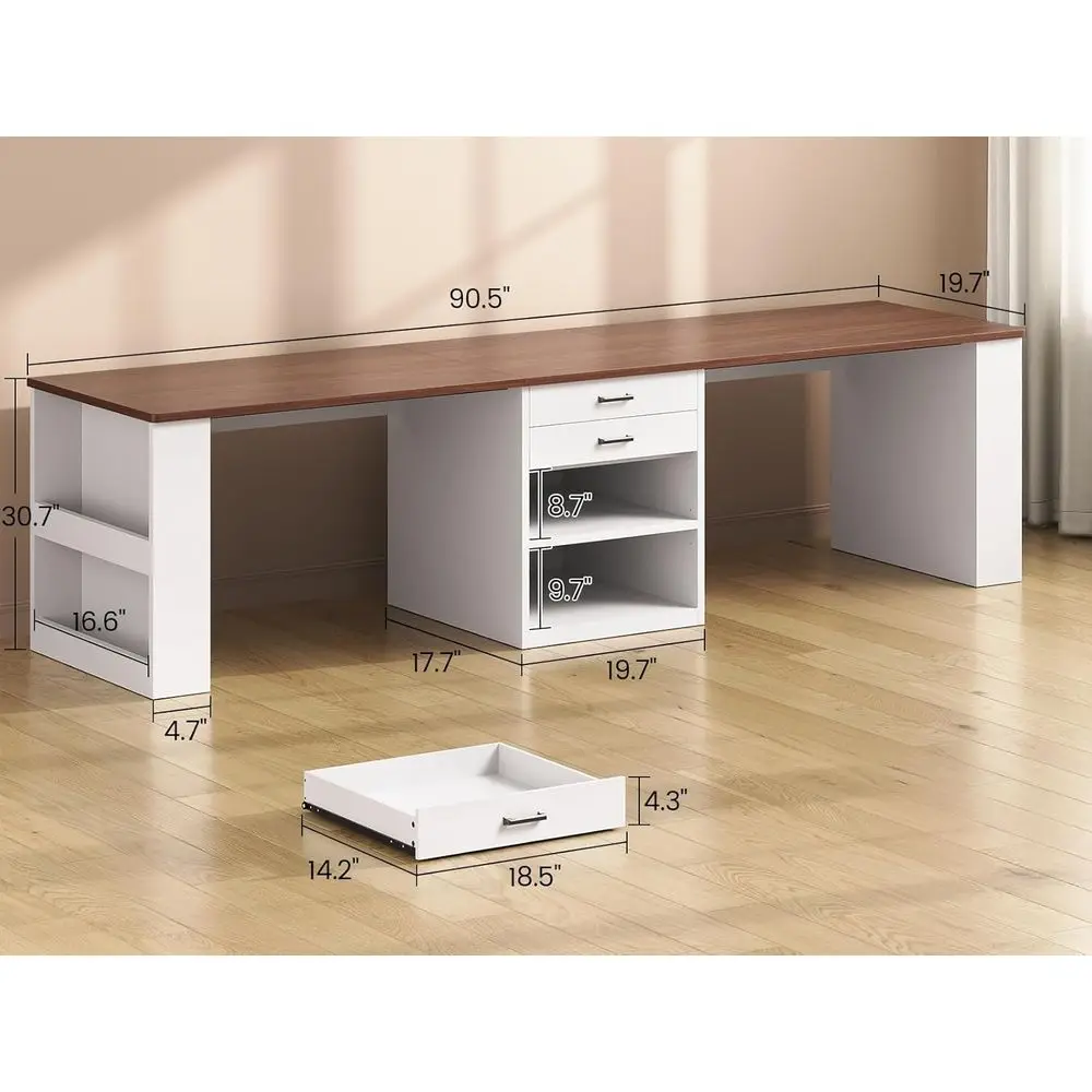 Two-Person Computer Desk with Drawers and Storage Shelves, White Gaming Desk for Home Office
