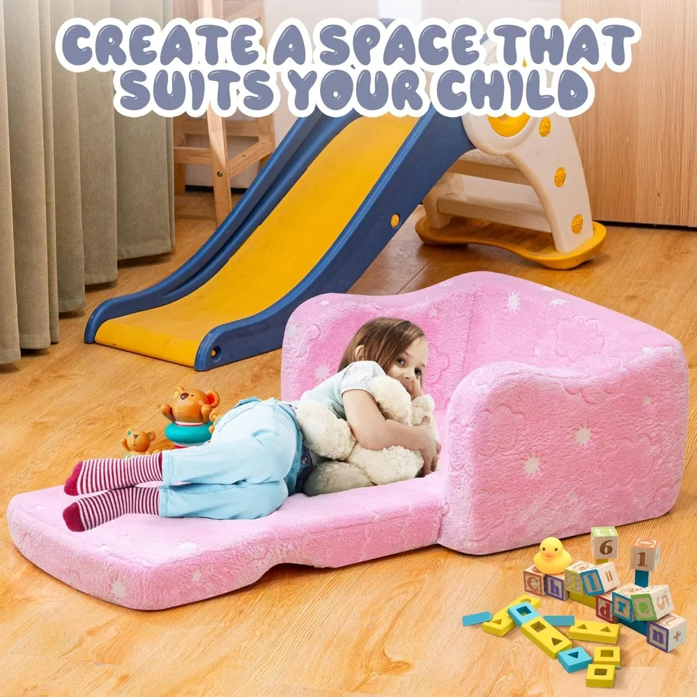 Glow-in-the-Dark Toddler Couch, Foldable Kids Sofa for Playroom, Convertible to Loveseat with Long-Lasting Comfort