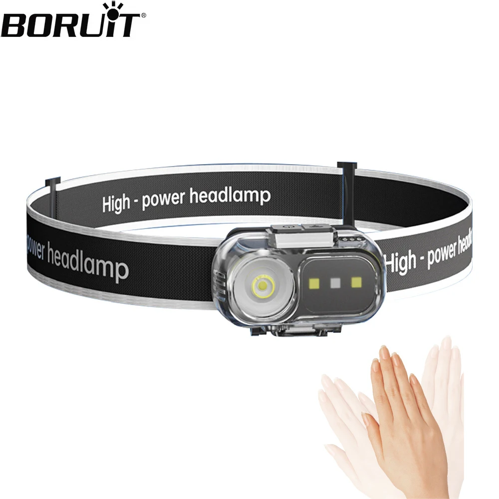 

BORUiT светодиодный налобный фонарь с датчиком движения, перезаряжаемая водонепроницаемая фара с индикатором питания, портативный фонарь для кемпинга, наружного использования